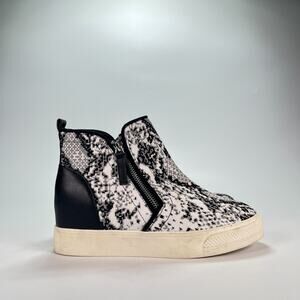 Steve Madden Black White Snakeskin High Top Zipper Wedgie Boots Women's Sz 7.5M